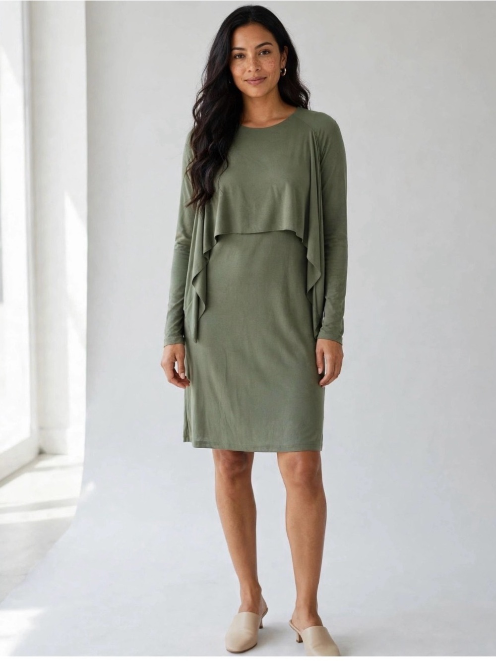 COS Olive Green Long Sleeve Draped Overlay Knee Length Dress Size 4